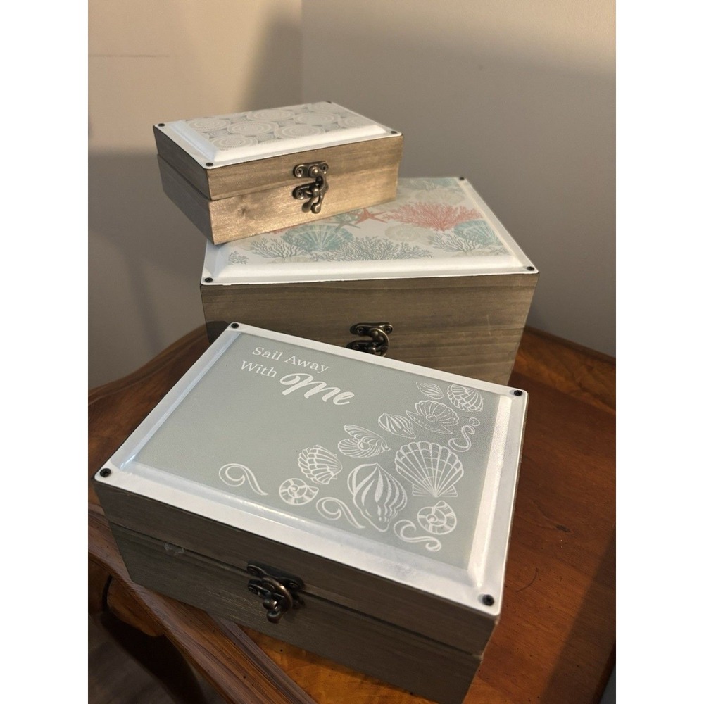 Coastal Wood Nesting Storage Boxes Set of 3 Seashell Nautical Decor